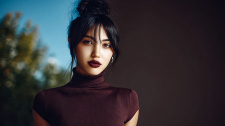 A woman with long dark hair poses confidently in a turtleneck sweater. The warm golden light highlights her features, creating a striking portrait.の素材