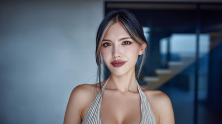 Young woman stands confidently indoors, wearing a stylish outfit. Soft natural light highlights her features. The setting is minimalistic and modern, creating a calm atmosphere.の素材