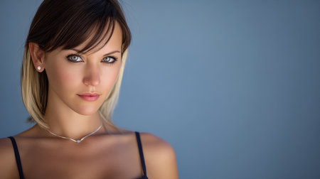 A young woman with stylish short hair stands in front of a soft blue backdrop. Her confident expression and direct gaze create a strong portrait. The lighting adds warmth to the scene.の素材