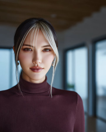 A young woman with unique hair color poses in a contemporary indoor space. Natural light filters through large windows, creating a relaxed atmosphere. Her expression is calm and confident.の素材