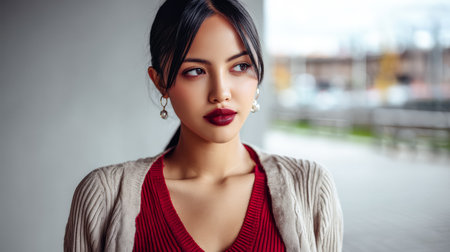 A woman with dark hair and red lipstick poses confidently, wearing a stylish red top and earrings, in a modern urban environment. Soft light highlights her features.の素材