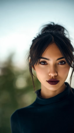 A young woman stands outdoors, showcasing her dark hair styled in a bun. She has a striking expression with bold makeup, capturing a moment in soft natural light.の素材