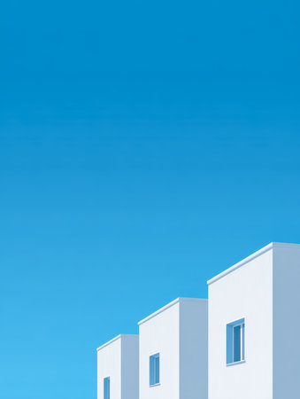 Three white buildings rise against a bright blue sky, showcasing a clean, modern architectural design. The scene captures a sunny day, emphasizing simplicity and tranquility.の素材