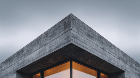 Stylish corner of a contemporary concrete building with large glass windows. The scene captures a dramatic skyline against a cloudy sky, emphasizing modern architecture.の素材