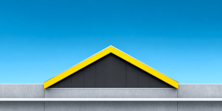 A striking yellow roof peaks over a gray concrete wall under a bright blue sky. The design showcases modern architecture with simplicity and bold colors.の素材