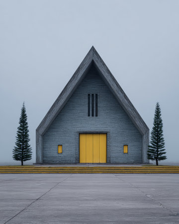 A striking modern structure featuring yellow doors stands alone amid fog. Two evergreen trees frame the entrance, enhancing the serene atmosphere of the scene.の素材