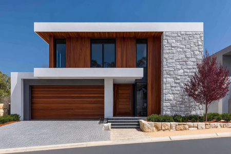 This striking modern house showcases a mix of wood and stone materials. The sleek design features a large front window and a spacious garage, set in a vibrant residential area.の素材