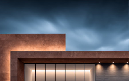 A stunning modern building showcases clean lines and a minimalist design. The structure is illuminated against a backdrop of dark, moody clouds, highlighting its unique features.の素材