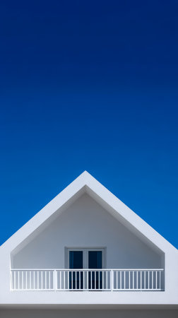 A white house features a minimalist gable roof and a balcony under a bright blue sky, showcasing a clean, modern architectural style in daylight.の素材
