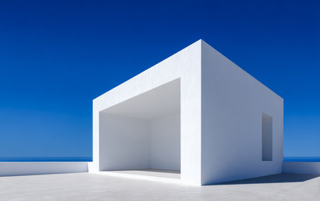 A simple white structure sits on a smooth surface, facing the ocean. The clear blue sky creates a serene backdrop, highlighting the minimalist design of the building.の素材