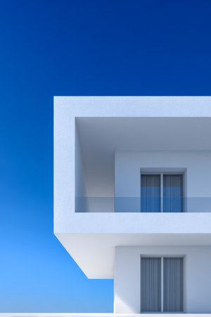 A contemporary white structure features a spacious balcony and large windows. The scene captures a bright blue sky above, highlighting the clean, minimalist design in daylight.の素材