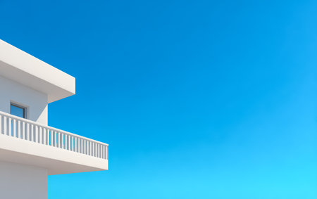 A sleek, modern building features a balcony that overlooks a clear blue sky, creating a tranquil and inviting outdoor space under the sun's warm glow.の素材
