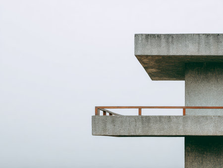 A concrete structure showcases a minimalist balcony design against a soft, pale sky. The unique angles and clean lines highlight contemporary architectural style.の素材