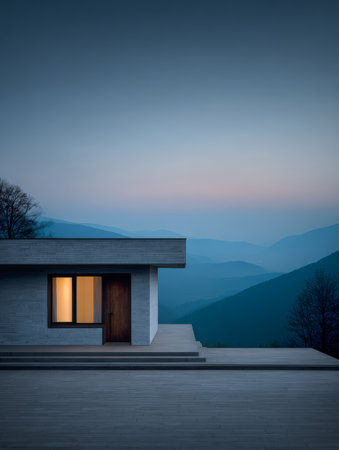 A sleek, modern house sits on a hillside overlooking a vast mountain landscape. As the sun sets, the warm light from one window contrasts with the cool evening sky, creating a serene atmosphere.の素材