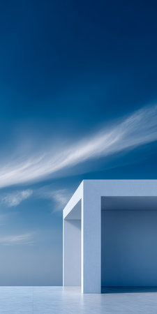 A minimalist architectural design stands prominently under a bright blue sky. Wispy clouds stretch across, creating a serene and tranquil atmosphere.の素材