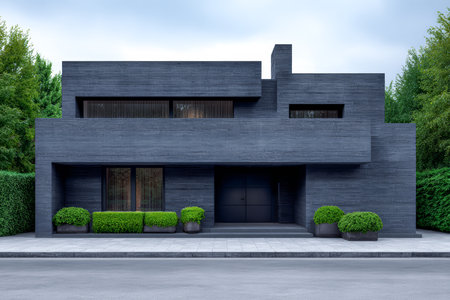 This striking modern house features a sleek black facade and minimalist design. It is situated on a paved street with lush greenery and neatly trimmed bushes in front, creating a tranquil atmosphere.の素材