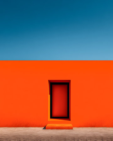 A vibrant orange wall stands prominently against a clear blue sky. The simple design features a door at its center, creating a striking visual effect in this modern location.の素材