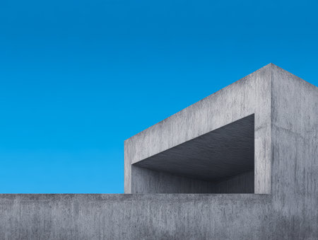 A striking example of modern architecture features a large concrete structure against a bright blue sky. The design emphasizes clean lines and geometric forms.の素材