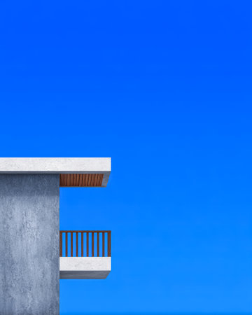 A sleek modern structure showcases a concrete exterior with a wooden overhang and balcony. The scene features a striking clear blue sky, hinting at a bright sunny day.の素材