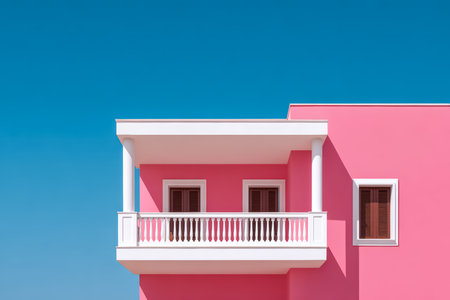 A vibrant pink building features a white balcony and brown shutters set against a clear blue sky. This scene captures a cheerful, sunny atmosphere in a lively area.の素材