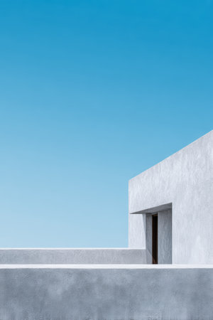 Minimalist building features clean lines and soft surfaces under a bright blue sky. The structure blends seamlessly with its peaceful surroundings, showcasing modern design principles.の素材