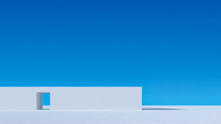 A minimalist white building stands alone against a vibrant blue sky. The sunny setting highlights the clean lines and simplicity of the architecture, creating a serene atmosphere.の素材