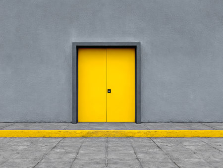 A bright yellow door is centered on a gray wall, creating a striking contrast. The surrounding area features a gray pavement and a yellow strip, giving an urban feel during sunny daylight.の素材