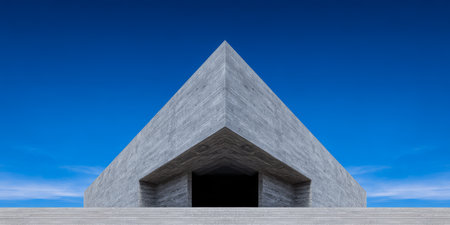 A pyramid-shaped structure stands out against the bright blue sky. Its smooth concrete surface and large entrance create a modern and minimalist look, inviting exploration.の素材