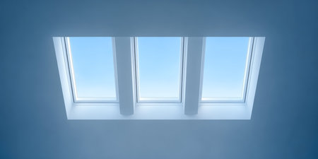 Three sleek skylights open up to a clear blue sky, allowing natural light to fill the tranquil indoor area. The scene is peaceful and bright, enhancing the ambiance.の素材