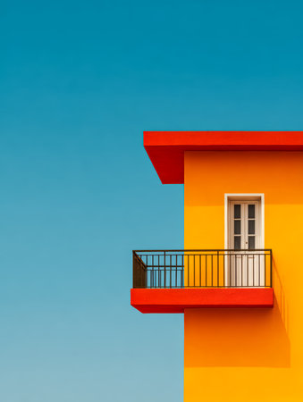 This vibrant building features a bright yellow facade and a striking red balcony, standing out against a clear blue sky during midday. The sunny atmosphere adds cheerfulness to the scene.の素材