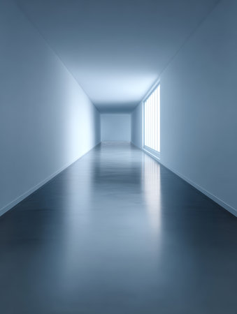 A long corridor showcases a minimalist design, featuring a smooth, reflective floor. Natural light enters through a large window, illuminating the space in a serene manner.の素材