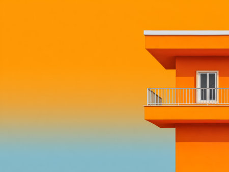 A vibrant orange building features a white balcony. The clear blue sky provides a beautiful contrast, creating an eye-catching urban scene during daytime.の素材