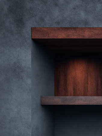 A sleek wooden shelf is mounted on a textured dark gray wall, creating a stylish focal point in a modern interior. The clean lines enhance the contemporary vibe of the space.の素材