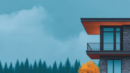 A striking modern house features large windows and a wooden overhang. Behind, a dense forest of conifer trees complements the cloudy blue sky, showcasing the beauty of autumn.の素材
