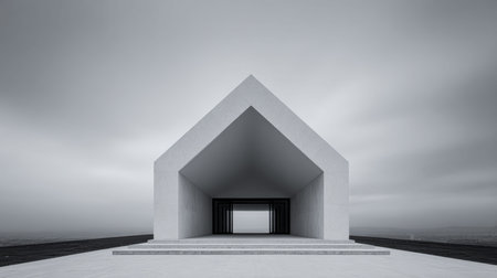 A minimalist architectural design stands prominently against a moody sky. The structure features a large, open entrance and is surrounded by a serene landscape, creating a tranquil atmosphere.の素材