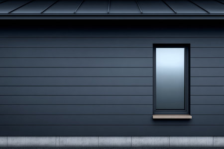 The sleek exterior of a modern house showcases dark siding and a minimalist design. A single window is framed neatly, reflecting the clear blue sky above. The clean lines create a contemporary look.の素材