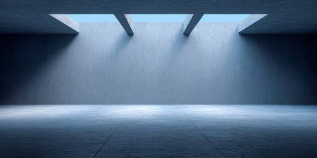 Bright light enters a spacious concrete room through skylights, creating a serene atmosphere. The clean lines and simplicity emphasize the openness of the space.の素材