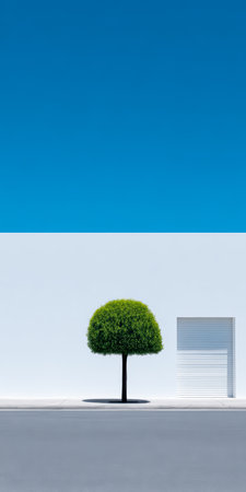 A vibrant green tree stands alone beside a white wall and closed garage door on a clear blue day. The smooth pavement reflects the simplicity of the urban landscape.の素材