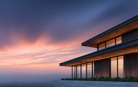 A sleek, modern house with expansive glass windows stands amidst serene surroundings. The colors of the sunset create a beautiful backdrop, enhancing the building's design and peaceful setting.の素材