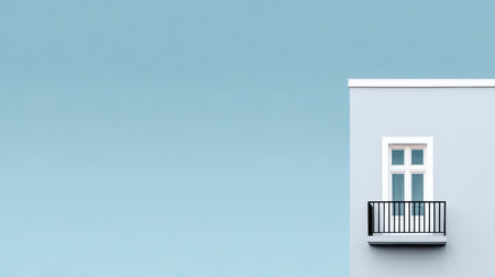 A sleek gray building features a simple balcony with a white window. The clear blue sky creates a calm atmosphere, showcasing modern architectural design in an urban environment.の素材