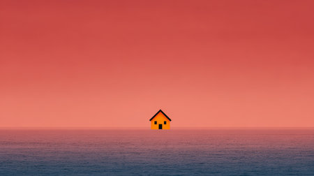 A solitary yellow house appears to float on the calm sea, surrounded by a serene atmosphere. The sky is painted in shades of red and orange, enhancing the peaceful setting.の素材