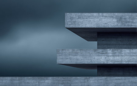 A striking architectural design showcases layered concrete structures set against a dark, cloudy sky. The minimalistic style emphasizes geometry and symmetry.の素材