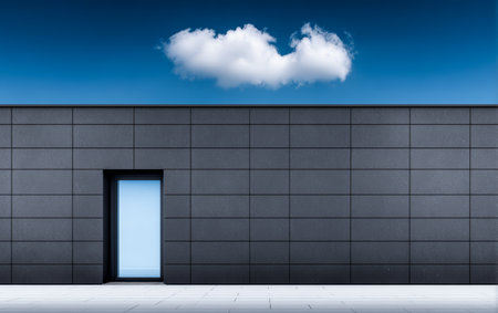 A sleek black wall stands prominently against a bright blue sky. It features a solitary door that opens to an empty space, under a small fluffy cloud floating above.の素材