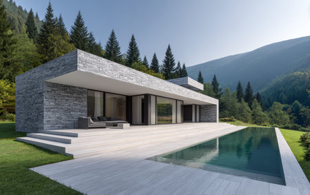 A contemporary house sits amidst tall trees, featuring a sleek design and large windows. The outdoor space includes a clean swimming pool, creating a tranquil retreat in nature.の素材