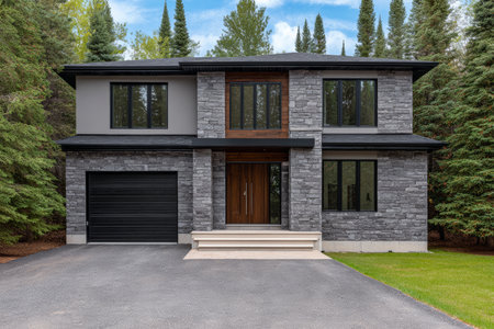 A contemporary stone house is nestled among tall trees. Its large windows provide ample natural light. The welcoming front steps lead to a stylish entrance, creating an inviting feel.の素材