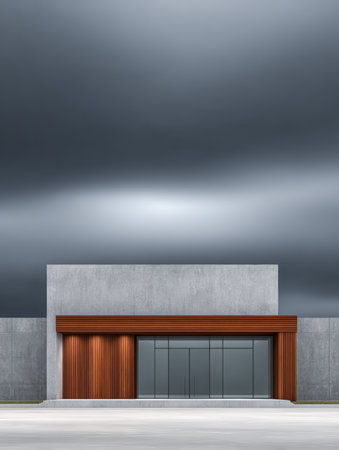 A modern building features a sleek facade with wood accents. The sky above is overcast and dramatic, creating a striking urban scene during late afternoon.の素材