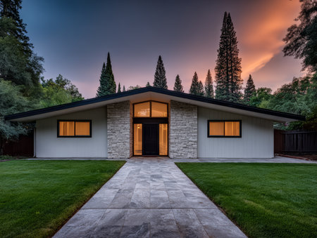 A contemporary house stands against a twilight sky, featuring a stone facade and a well-kept lawn. Tall trees surround the property, enhancing its serene atmosphere.の素材