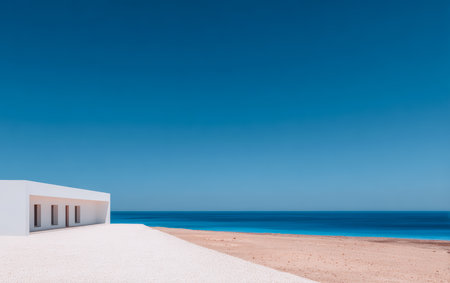 Bright blue sky meets the calm ocean at a sandy beach. A sleek white structure sits nearby, blending with the natural surroundings, inviting relaxation and tranquility.の素材