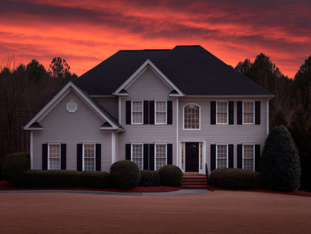 A charming two-story house sits peacefully among tall trees as the sun sets. The sky is painted in bright red and orange hues, creating a stunning backdrop.の素材