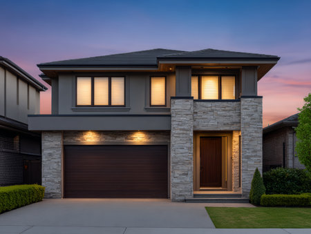 A modern family home features a sleek facade with stone and wood accents. Warm lighting highlights the entrance as evening sets in, creating an inviting atmosphere.の素材